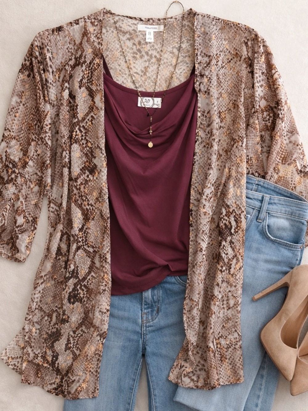 Maurices Snakeskin Sheer Kimono + 24/7 Plum Draped Tank Set Small